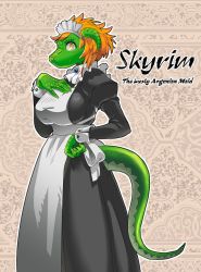 Rule 34 | 1girl, apron, argonian, beige background, black dress, breasts, brooch, brown eyes, closed mouth, colored skin, commentary request, copyright name, dress, english text, from side, furry, furry female, green skin, hand on own hip, hand on own chest, horns, jewelry, kurohiko, large breasts, lifts her tail, long sleeves, looking at viewer, lusty argonian maid, maid, maid headdress, orange hair, outline, profile, puffy long sleeves, puffy sleeves, scales, slit pupils, solo, standing, tail, the elder scrolls, the elder scrolls v: skyrim, white apron, wrist cuffs