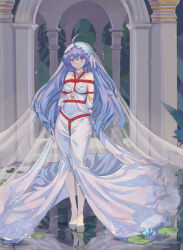 Rule 34 | 1girl, absurdres, ahoge, arms behind back, azur lane, barefoot, bdsm, blue hair, bondage, bound, bound arms, commentary request, dress, earrings, feet, flower, full body, helena (azur lane), helena (miracle in white) (azur lane), highres, jewelry, lily pad, long hair, nero augustus, partially submerged, pillar, purple eyes, shibari, shibari over clothes, solo, standing, veil, water lily flower, wedding dress, white dress
