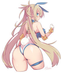 Rule 34 | 1girl, animal ears, ass, blonde hair, blue eyes, blush, bradamante (fate), bradamante (first ascension) (fate), braid, breasts, closed mouth, commentary request, fate/grand order, fate (series), french braid, from behind, gloves, huge ass, leotard, long hair, looking at viewer, looking back, medium breasts, rabbit ears, rabbit girl, rabbit tail, shiny skin, simple background, smile, solo, standing, stroma, tail, thigh strap, thighs, twintails, white background, white gloves, white leotard