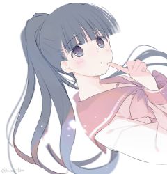 Rule 34 | 1girl, aquaplus, arm up, black hair, blue eyes, blush, finger to mouth, from side, gradient eyes, highres, kusakabe yuuki (to heart 2), long hair, long sleeves, looking at viewer, mizuki toko, multicolored eyes, open mouth, ponytail, raised eyebrows, sailor collar, school uniform, solo, to heart, to heart (series), to heart 2, upper body, very long hair