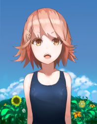 Rule 34 | 1girl, bad id, bad tinami id, bare shoulders, blue sky, brown eyes, cloud, day, female focus, flat chest, flower, hair ornament, hairclip, kotobuki ryou, nature, one-piece swimsuit, open mouth, original, outdoors, pink hair, plant, school swimsuit, sky, solo, sunflower, swimsuit, upper body