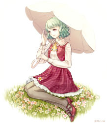 Rule 34 | 1girl, ascot, black pantyhose, breasts, collared shirt, dated, flower, frills, full body, green hair, hand in own hair, holding, kazami yuuka, light smile, long sleeves, marydill, pantyhose, parasol, plaid, plaid skirt, plaid vest, red eyes, shirt, shoes, short hair, simple background, sitting, skirt, smile, solo, touhou, umbrella, vest, wavy hair, white background