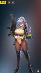 Rule 34 | 1girl, ahoge, assault rifle, blue eyes, boots, breasts, cameltoe, choker, closed mouth, covered navel, feet, full body, gloves, gnome (last origin), groin, gun, hair over one eye, high ponytail, highres, holding, holding weapon, huge breasts, jacket, last origin, legs, legs apart, leotard, long hair, looking at viewer, official art, ponytail, purple hair, rifle, simple background, skin tight, solo, standing, thigh boots, thighhighs, thighs, weapon, white gloves