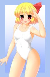 Rule 34 | 1girl, bad id, bad pixiv id, blonde hair, embodiment of scarlet devil, fang, female focus, highres, kyokutou hentai samurai, one-piece swimsuit, red eyes, rumia, salute, school swimsuit, solo, swimsuit, touhou, white one-piece swimsuit, white school swimsuit