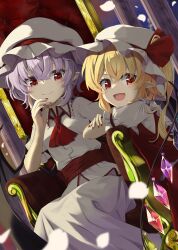 Rule 34 | 2girls, :d, akisome hatsuka, ascot, bat wings, blonde hair, closed mouth, collared shirt, commentary request, crystal, fang, fingernails, flandre scarlet, hat, hat ribbon, long fingernails, looking at viewer, medium hair, mob cap, multiple girls, one side up, open mouth, pointy ears, purple hair, red ascot, red eyes, red nails, red ribbon, red vest, remilia scarlet, ribbon, shirt, short hair, short sleeves, siblings, sisters, sitting, skin fang, skirt, smile, throne, touhou, vest, white headwear, white shirt, white skirt, wings