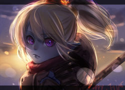 Rule 34 | 1boy, 1girl, armor, blue skin, colored skin, commentary, evening, fang, fang out, hair between eyes, hikarusorano, league of legends, long hair, looking at viewer, pointy ears, poppy (league of legends), purple eyes, slit pupils, solo focus, twintails, white hair, yordle