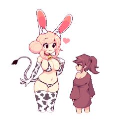 animal_ear_fluff animal_ears animal_print bare_shoulders bell bikini black_eyes breasts brown_hair brown_shirt cleavage collar commentary cow_print cow_print_bikini cow_print_gloves cow_print_thighhighs cow_tail cropped_legs dyrhart_(fizintine) english_commentary fake_tail fiz_(fizintine) gloves heart highres joshua_pixels medium_hair navel neck_bell original pixel_art print_bikini print_gloves print_thighhighs rabbit_ears rabbit_girl red_collar shirt simple_background size_difference swimsuit tail thighhighs