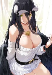 1girl albedo_(overlord) arm_behind_back bare_shoulders belt belt_buckle black_hair black_ribbon black_wings breasts buckle cleavage collarbone curtains dress feathered_wings green_eyes hair_between_eyes hews highres horn_ornament horn_ribbon horns jewelry large_breasts long_hair looking_at_viewer necklace off-shoulder_dress off_shoulder overlord_(maruyama) ribbon short_dress sitting smile solo very_long_hair white_dress wings wrist_ribbon