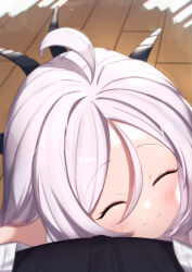 Rule 34 | 1boy, 1girl, ahoge, blue archive, blush, closed eyes, closed mouth, commentary, demon horns, forehead, grey hair, hair between eyes, highres, hina (blue archive), horns, hug, no halo, parted bangs, pov, sensei (blue archive), smile, solo focus, uneg, wooden floor