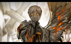 Rule 34 | 1boy, armor, colored sclera, feathered wings, flaming eyes, gauntlets, grey hair, grey jacket, grey sweater, grey wings, hole in chest, hole on body, jacket, library of ruina, long sleeves, male focus, lava, nishikujic, no pupils, orange sclera, philip (project moon), project moon, solo, sweater, turtleneck, turtleneck sweater, wing collar, wings