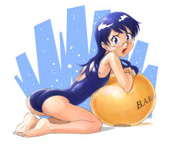 Rule 34 | 00s, 1girl, ass, bad anatomy, ball, barefoot, bent over, black hair, blue eyes, blue hair, blush, feet, flat chest, glasses, kneeling, long hair, looking back, matching hair/eyes, nogami aoi, one-piece swimsuit, open mouth, pierre iwashi, school swimsuit, soles, solo, swimsuit, zettai karen children