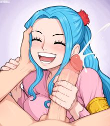 Rule 34 | 1boy, 1girl, ^ ^, afrobull, aqua hair, blouse, blush, breasts, closed eyes, cum, ejaculation, erection, gradient background, handjob, happy, large breasts, long hair, lower teeth only, nefertari vivi, one piece, open mouth, penis, pink shirt, shirt, smile, solo focus, teeth, uncensored, upper teeth only