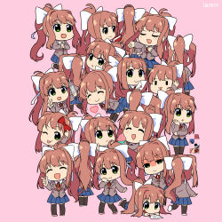 Rule 34 | 6+girls, :3, :d, :o, ;p, ^ ^, artist name, black legwear, blue skirt, book, bow, brown hair, chibi, closed eyes, commentary, cupcake, doki doki literature club, english commentary, closed eyes, facing away, facing viewer, food, glitch, green eyes, hair bow, hair ribbon, heart, index finger raised, jacket, lareindraws, letter, long hair, looking at another, looking at viewer, looking away, love letter, monika (doki doki literature club), multiple girls, multiple persona, one eye closed, open mouth, pen, pink background, ponytail, red bow, ribbon, school uniform, selfie, shaded face, simple background, skirt, smile, thighhighs, tongue, tongue out, v, very long hair, white ribbon, writing, | |