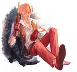 Rule 34 | 1boy, blonde hair, gloves, gun, hair over one eye, male focus, one piece, one piece film: z, pants, red pants, sanji (one piece), shirt, sitting, solo, vest, weapon, white shirt, yamsong