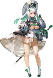 Rule 34 | 1girl, armor, armored dress, breasts, clothing cutout, full body, green hair, hair between eyes, hair ornament, headdress, highleg, highleg panties, highres, large breasts, long sleeves, looking at viewer, multicolored hair, nishii (damnedrive), original, panties, parasol, parted lips, puffy long sleeves, puffy sleeves, red eyes, see-through, see-through skirt, simple background, skirt, socks, solo, triangle mouth, two-tone hair, umbrella, underboob, underboob cutout, underwear, white hair, white panties, white socks