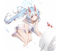 Rule 34 | 1girl, bare shoulders, bikini, blue archive, blue bikini, blue hair, breasts, chise (blue archive), chise (swimsuit) (blue archive), commentary request, crab, dated, electric fan, flower, full body, hair flower, hair ornament, halo, hands on ground, highres, horns, kneehighs, koishi (kiwi0314), long hair, looking at viewer, looking up, notice lines, official alternate costume, one side up, red eyes, red horns, sailor collar, sandals, side-tie bikini bottom, simple background, skin-covered horns, small breasts, socks, solo, striped bikini, striped clothes, sweat, swimsuit, thighs, white background, white flower, white sailor collar, wrist bow