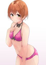 Rule 34 | 1girl, absurdres, bare arms, bare shoulders, bikini, black bow, black bowtie, black choker, blush, bow, bowtie, breasts, choker, closed mouth, commentary, cowboy shot, front-tie bikini top, front-tie top, hand on own thigh, highres, hoshizora rin, leaning forward, looking at viewer, love live!, love live! school idol project, navel, orange hair, pink bikini, ribbon choker, shinonon (iso shino), short hair, small breasts, smile, solo, swimsuit, yellow eyes