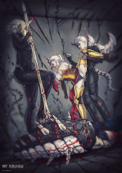 Rule 34 | 1boy, 2girls, armor, armored legwear, bent over, black legwear, black sclera, bodysuit, bone tail, claws, colored sclera, colored skin, corruption, damaged, fucked silly, gold armor, hammer, highres, holding, holding weapon, horns, implied death, jaune arc, kuon (kwonchanji), leg lift, multiple girls, nora valkyrie, panties, penis, pussy, pyrrha nikos, rape, red eyes, rwby, sex, single horn, syringe, tongue, tongue out, underwear, vaginal, weapon, white hair, white skin