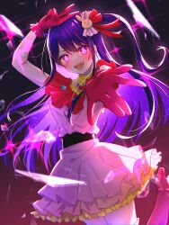 Rule 34 | 1girl, arm up, blush, boots, commentary request, dress, frilled dress, frills, gloves, hair ornament, hand on own head, highres, hoshino ai (oshi no ko), idol, leg up, long hair, looking at viewer, multicolored hair, open mouth, oshi no ko, outstretched arm, partial commentary, pink dress, pink eyes, pink footwear, pink gloves, pink hair, purple eyes, purple hair, rabbit hair ornament, reaching, reaching towards viewer, sleeveless, sleeveless dress, smile, solo, sparkle, standing, standing on one leg, star-shaped pupils, star (symbol), streaked hair, symbol-shaped pupils, thigh boots, toki (toki ship8), v