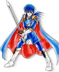 Rule 34 | 1boy, artist request, blue cape, blue coat, blue eyes, blue hair, blue pants, cape, coat, fire emblem, fire emblem: genealogy of the holy war, full body, gloves, headband, highres, holding, holding sword, holding weapon, looking at viewer, nintendo, official art, pants, red cape, seliph (fire emblem), solo, sword, two-tone cape, tyrfing (fire emblem), weapon, white footwear, white gloves
