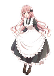 Rule 34 | 1girl, absurdres, alternate costume, apron, black dress, blush, boots, breasts, brown footwear, center frills, curtsey, dress, enmaided, fingernails, frilled apron, frills, full body, highres, holding, holding clothes, holding skirt, idolmaster, idolmaster cinderella girls, juliet sleeves, long hair, long sleeves, looking at viewer, maid, maid headdress, medium breasts, pink hair, puffy sleeves, saionji kotoka, simple background, skirt, smile, solo, tottoto tomekichi, very long hair, white apron, white background