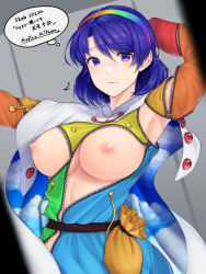 Rule 34 | 1girl, bad id, bad twitter id, blue eyes, blue hair, blush, breasts, buttons, cape, closed mouth, commission, flying sweatdrops, hairband, highres, large breasts, long sleeves, mitama mudimudi, multicolored hairband, nipples, rainbow gradient, red button, short hair, skeb commission, sky print, solo, tenkyuu chimata, thought bubble, torn cape, torn clothes, touhou, upper body, zipper, zipper pull tab