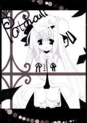Rule 34 | 1girl, catbell, character name, female focus, greyscale, hat, long hair, looking at viewer, monochrome, patchouli knowledge, solo, touhou