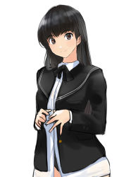 Rule 34 | 1girl, amagami, ayatsuji tsukasa, black eyes, black hair, black jacket, black sailor collar, blouse, commentary request, dress shirt, highres, jacket, kibito high school uniform, korean commentary, long hair, long sleeves, looking at viewer, sailor collar, school uniform, serafuku, shirt, simple background, solo, swimsuit, swimsuit under clothes, upper body, white background, white shirt, yoo tenchi