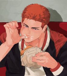 Rule 34 | 1boy, 79, black eyes, chewing, eating, finger in own mouth, food, food on face, highres, holding, holding food, looking at viewer, male focus, red hair, sakuragi hanamichi, short hair, slam dunk (series), solo, thumb sucking, upper body