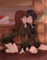 Rule 34 | 10s, 2girls, absurdres, akbskenmb48-40, anchor symbol, black hair, blush, braid, brown hair, commentary request, closed eyes, hand on another&#039;s shoulder, highres, imminent kiss, kantai collection, kitakami (kancolle), light rays, long hair, multiple girls, ooi (kancolle), open mouth, single braid, skirt, sleeping, sunbeam, sunlight, window, yuri