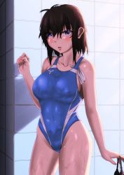 Rule 34 | 1girl, black hair, blue eyes, blue one-piece swimsuit, breasts, collarbone, competition swimsuit, contrapposto, cowboy shot, goggles, unworn goggles, highres, holding, holding goggles, looking at viewer, m0nsoo00n, medium breasts, one-piece swimsuit, open mouth, original, short hair, solo, standing, unworn swim cap, swimsuit, tile wall, tiles