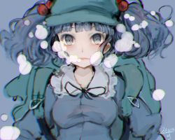 Rule 34 | 1girl, backpack, bad id, bad twitter id, bag, blue background, blue eyes, blue hair, bow, bubble, blowing bubbles, dated, hair bobbles, hair ornament, kawashiro nitori, lips, long sleeves, looking at viewer, matching hair/eyes, meiji (charisma serve), shirt, short hair, simple background, solo, touhou, twintails, two side up, underwater