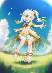 Rule 34 | 1girl, absurdres, bloomers, bluesnail, blurry, blurry background, bracelet, braid, breasts, cape, child, commentary request, cross-shaped pupils, detached sleeves, dress, feet, full body, genshin impact, gold trim, gradient hair, green cape, green eyes, green hair, green sleeves, hair ornament, highres, jewelry, leaf hair ornament, long hair, multicolored hair, nahida (genshin impact), open mouth, paid reward available, pointy ears, side braid, side ponytail, sleeveless, sleeveless dress, small breasts, soles, solo, stirrup footwear, symbol-shaped pupils, toeless footwear, toes, underwear, variant set, white bloomers, white dress, white footwear, white hair
