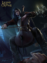 Rule 34 | 1boy, black hair, blood, bow (music), candle, cello, chair, copyright name, crowgod, curtains, dutch angle, highres, inkwell, instrument, legend of the cryptids, male focus, music, playing instrument, quill, signature, sitting, solo, spread legs, watermark, window