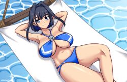 Rule 34 | 1girl, absurdres, alternate costume, armpits, arms behind head, artist name, bikini, black hair, blue bikini, blue bra, blue eyes, blue hair, bow, bow bikini, bra, breasts, cleavage, crossed legs, earrings, feet out of frame, final fantasy, halterneck, hammock, highres, hololive, hololive english, jewelry, large breasts, looking at viewer, lowleg, lowleg bikini, miqo&#039;te, multi-strapped bikini bottom, multicolored hair, navel, nepdraws, ouro kronii, panties, smile, swimsuit, tagme, two-tone hair, underwear, virtual youtuber, warrior of light (ff14), water, water background