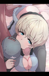Rule 34 | 1boy, 1girl, all fours, ass, blue eyes, breasts, cleavage, clothes pull, convenient censoring, covering own mouth, fellatio, girls und panzer, hand on another&#039;s head, hat, hetero, highres, holding, holding clothes, holding hat, implied fellatio, kaabetan, keizoku military uniform, large breasts, looking at viewer, oral, panties, pants, pants pull, penis, short hair, underwear, white hair, youko (girls und panzer)