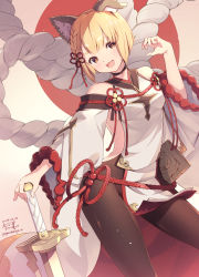 Rule 34 | 1girl, :3, :d, animal ears, blonde hair, blush, braid, breasts, brown eyes, clothing cutout, dated, detached sleeves, dog ears, dutch angle, granblue fantasy, hair ribbon, hand up, head tilt, highres, holding, holding sword, holding weapon, legs apart, long sleeves, looking at viewer, open mouth, pantyhose, red ribbon, ribbon, rope, shimenawa, short hair, shoulder cutout, side braid, sideboob, signature, small breasts, smile, solo, standing, sword, tabard, tareme, twitter username, unsheathed, vajra (granblue fantasy), weapon, wide sleeves, yoshino ryou