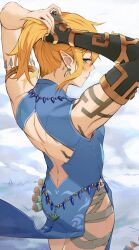 Rule 34 | 1boy, adjusting hair, arm tattoo, armlet, back, back cutout, backless outfit, blonde hair, blush, clothing cutout, earrings, elfboiii, from behind, frostbite set (zelda), highres, jewelry, link, looking at viewer, looking back, median furrow, nintendo, official alternate costume, pointy ears, sleeveless, solo, tattoo, the legend of zelda, the legend of zelda: tears of the kingdom, trap