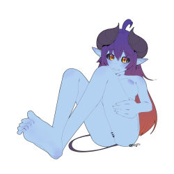 Rule 34 | 1girl, ahoge, bar censor, black horns, black sclera, black tail, blue skin, brown hair, censored, closed mouth, collarbone, colored sclera, colored skin, completely nude, deep skin, demon girl, demon horns, gradient hair, highres, horns, ingco, machikado mazoku, multicolored hair, nude, pointy ears, purple hair, pussy, signature, simple background, solo, split, tail, twitter username, wavy mouth, white background, yellow eyes, yoshida yuuko (machikado mazoku)