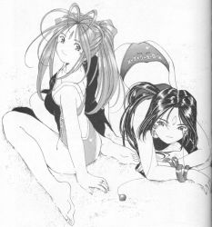 Rule 34 | 1990s (style), 2girls, aa megami-sama, all fours, ass, bangle, barefoot, belldandy, bracelet, breasts, casual one-piece swimsuit, crease, earrings, facial mark, feet, forehead mark, fujishima kousuke, greyscale, jewelry, long hair, looking at viewer, looking back, monochrome, multiple girls, one-piece swimsuit, peorth (aa megami-sama), peorth (young), ponytail, retro artstyle, ring, scan, short hair, sitting, smile, straight neck, swimsuit, top-down bottom-up, wariza