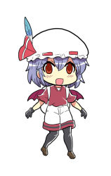 Rule 34 | 10s, 1girl, backpack, bag, colonel aki, cosplay, gloves, hat, hat feather, kaban (kemono friends), kaban (kemono friends) (cosplay), kemono friends, light purple hair, looking at viewer, mob cap, open mouth, pantyhose, pantyhose under shorts, red eyes, red shirt, remilia scarlet, shirt, shoes, shorts, sidelocks, smile, solo, t-shirt, touhou, white background, wings