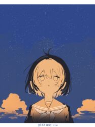 Rule 34 | 1girl, absurdres, antenna hair, artist name, blue sky, bob cut, cloud, commentary request, dated, highres, letterboxed, limited palette, looking at viewer, multicolored hair, neckerchief, no pupils, open mouth, original, school uniform, serafuku, short hair, sirayukisiu, sky, solo, star (sky), starry sky, tareme, two-tone hair, vignetting