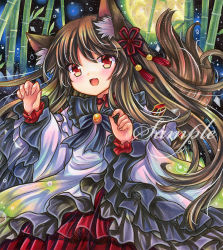 Rule 34 | 1girl, animal ear fluff, animal ears, bamboo, bamboo forest, blush, bow, bowtie, brooch, brown hair, choker, claw pose, cowboy shot, dress, embellished costume, fang, fingernails, floating hair, forest, frilled sleeves, frills, full moon, hair ornament, hands up, imaizumi kagerou, jewelry, layered dress, light particles, long hair, long sleeves, looking at viewer, marker (medium), moon, nature, open mouth, red dress, red eyes, red ribbon, ribbon, ribbon choker, rui (sugar3), sample watermark, shikishi, skin fang, smile, solo, tail, tassel, touhou, traditional media, watermark, white dress, wide sleeves, wolf ears, wolf girl, wolf tail