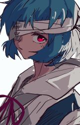 Rule 34 | 1girl, ayanami rei, bandage over one eye, blue hair, closed mouth, expressionless, highres, looking at viewer, neon genesis evangelion, nzeneee, portrait, red eyes, red ribbon, ribbon, school uniform, shirt, short hair, solo, tokyo-3 middle school uniform, white shirt
