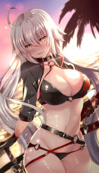 Rule 34 | 1girl, ahoge, bikini, black bikini, black gloves, black jacket, blush, breasts, brown eyes, cleavage, commentary request, dutch angle, fate/grand order, fate (series), gloves, hair between eyes, head tilt, highres, horizon, jacket, jeanne d&#039;arc alter (swimsuit berserker) (fate), jeanne d&#039;arc (fate), jeanne d&#039;arc alter (fate), jeanne d&#039;arc alter (swimsuit berserker) (fate), katana, large breasts, long hair, long sleeves, looking at viewer, navel, o-ring, o-ring bikini, o-ring bottom, o-ring top, ocean, outdoors, palm tree, parted lips, shrug (clothing), silver hair, sky, smile, solo, sun, sunset, swimsuit, sword, tree, very long hair, water, weapon, xephonia