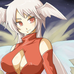 Rule 34 | 1girl, bad id, bad pixiv id, breasts, cleavage cutout, clothing cutout, elbow gloves, final fantasy, final fantasy tactics, ginger yaki, gloves, head wings, kabayaki 3, large breasts, long hair, lowres, red eyes, shougayaki (kabayaki 3), silver hair, smile, solo, ultima (fft), wings