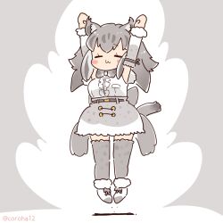 Rule 34 | 1girl, animal ears, arms up, bow, bowtie, canadian lynx (kemono friends), cat ears, cat girl, cat tail, coroha, elbow gloves, extra ears, full body, gloves, grey background, grey hair, jumping, kemono friends, kemono friends 3, long hair, looking at viewer, shirt, shoes, simple background, skirt, sleeveless, sleeveless shirt, solo, tail, thighhighs