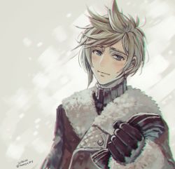 Rule 34 | 10s, 1boy, bad id, bad pixiv id, blonde hair, blue eyes, coat, final fantasy, final fantasy xv, gloves, isakawa megumi, looking at viewer, male focus, prompto argentum, signature, smile, snowing, solo, spiked hair, sweater, winter clothes