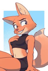 Rule 34 | 1girl, absurdres, animal ears, animal nose, bare shoulders, black shorts, black tank top, body fur, breasts, calicocryptid, diane foxington, eyebrow piercing, fox ears, fox girl, fox tail, furry, furry female, green eyes, grin, highres, medium breasts, navel, orange fur, piercing, shorts, simple background, sitting, smile, snout, tail, tank top, the bad guys (film), two-tone fur