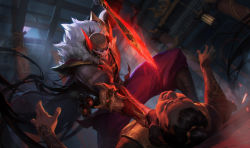 Rule 34 | 2boys, alternate costume, aura, baggy pants, bald, biceps, blood moon pyke, blurry, blurry background, coat, coat lift, covered mouth, dark-skinned male, dark skin, feet out of frame, fighting, gauntlets, glowing, glowing eyes, glowing weapon, highres, horns, knife, league of legends, looking at another, male focus, manly, mask, mature male, moonlight, multiple boys, muscular, muscular male, night, official art, pants, pyke (league of legends), shoulder pads, thick arms, viktortitov, weapon, wood